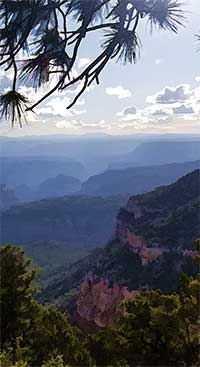 View into a deep canyon backlit by the sun